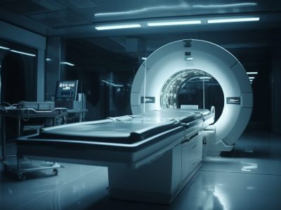 Modern hospital machinery illuminates blue MRI scanner generated by artificial intelligence